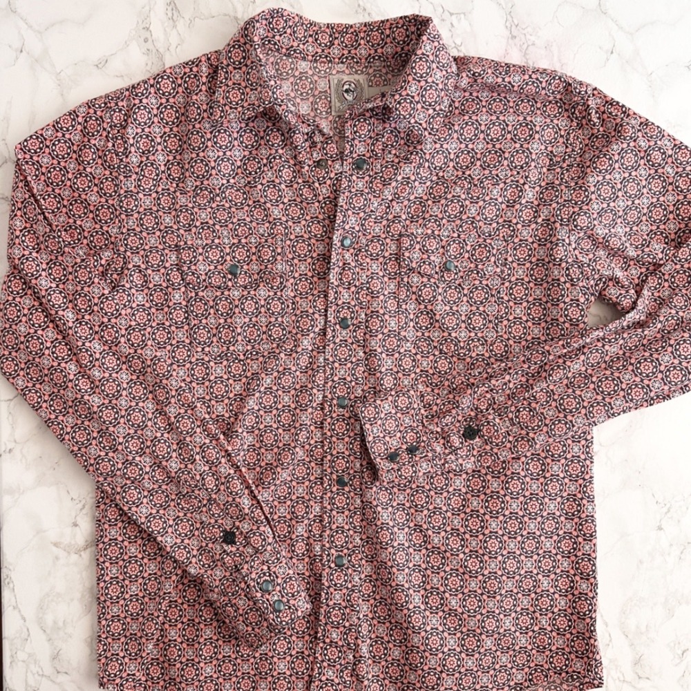 Cinch Western Long Sleeve Geo Medallion Coral Snap Front Shirt Kids Size 12